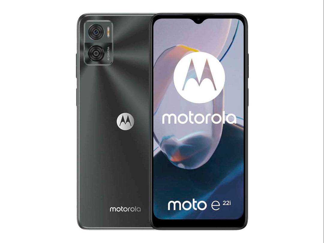 Smartphone Motorola moto e22i color gris, vista frontal y posterior.