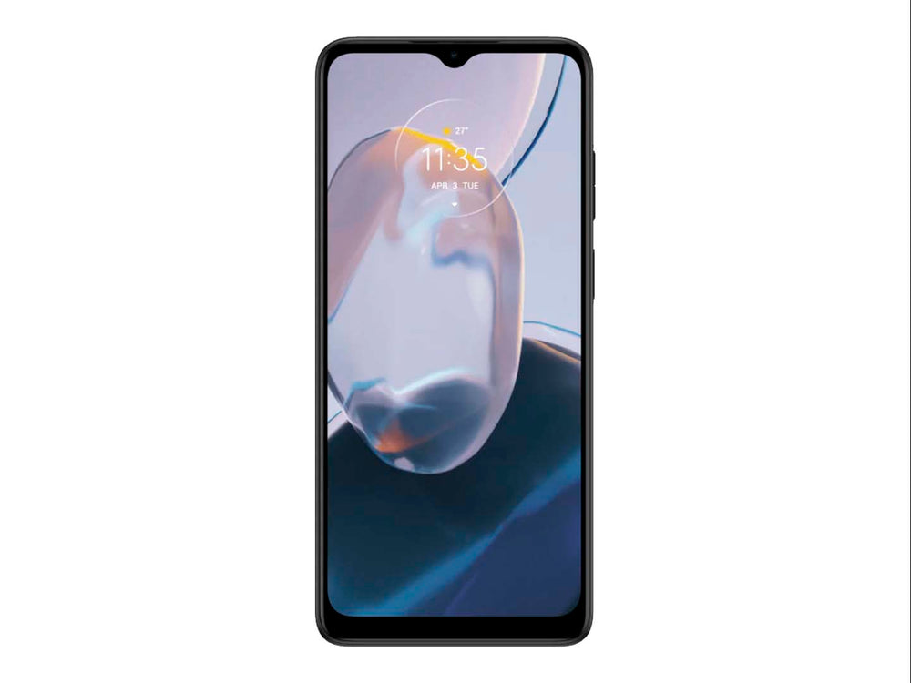 Smartphone Motorola moto e22i color gris, vista frontal y posterior.