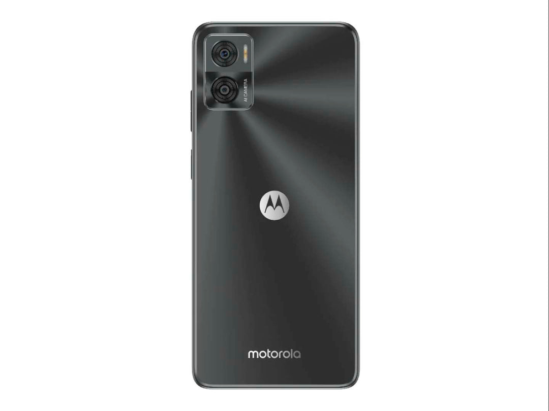 Smartphone Motorola moto e22i color gris, vista frontal y posterior.