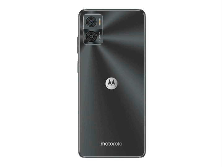 Smartphone Motorola moto e22i color gris, vista frontal y posterior.