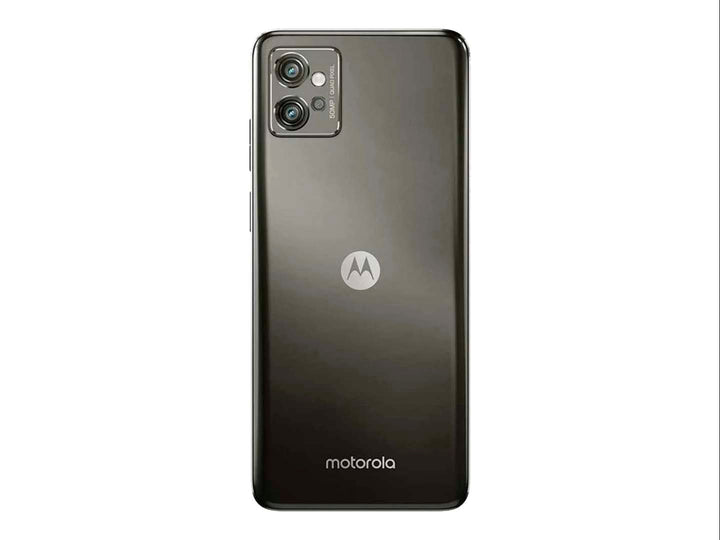Smartphone Motorola Moto g32 en color gris, vista frontal y posterior sobre fondo blanco.