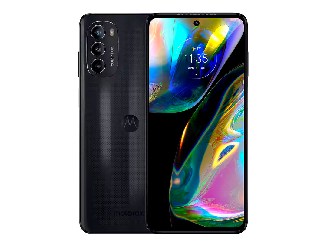 Smartphone Motorola G82 color negro, vista frontal y trasera mostrando la pantalla y el módulo de cámaras.