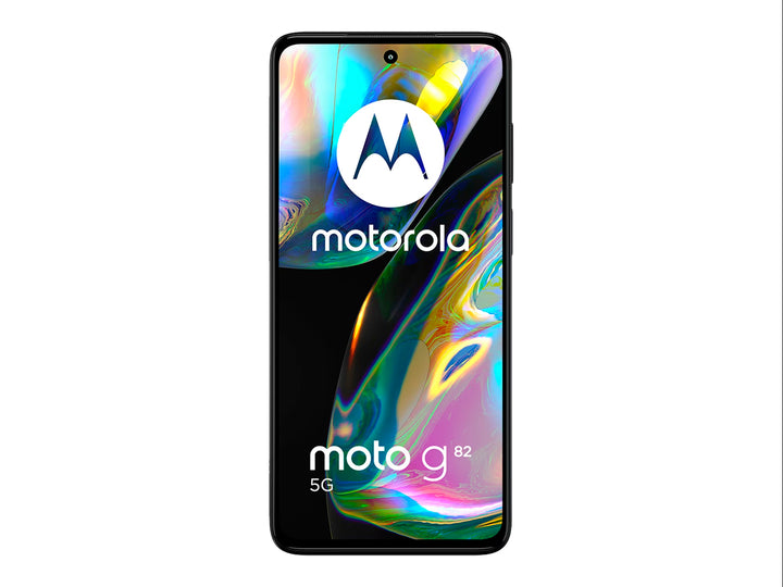 Smartphone Motorola G82 color negro, vista frontal y trasera mostrando la pantalla y el módulo de cámaras.