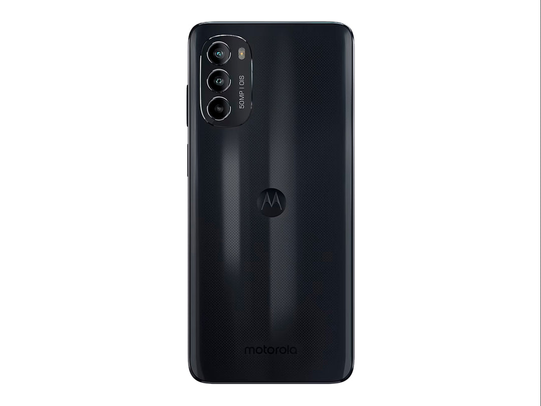 Smartphone Motorola G82 color negro, vista frontal y trasera mostrando la pantalla y el módulo de cámaras.