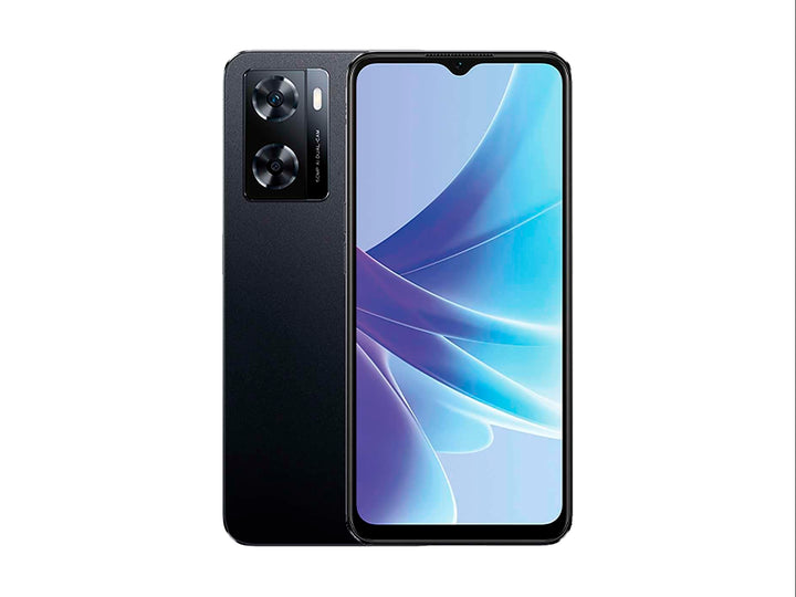 Smartphone OPPO A77 color negro, vista frontal y posterior sobre fondo blanco.