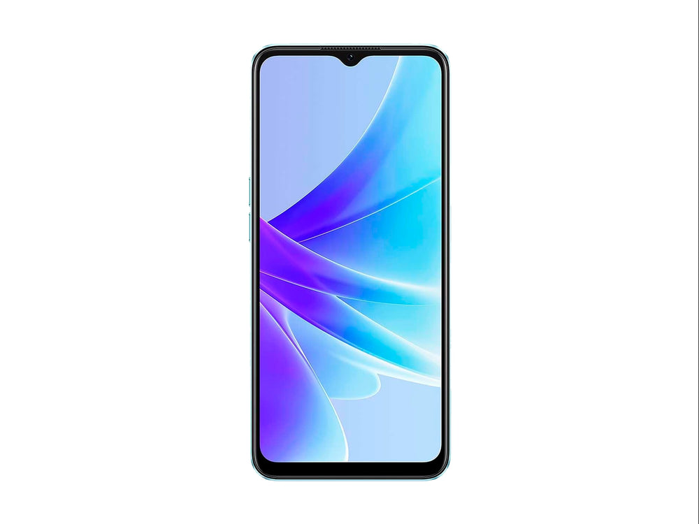 Smartphone OPPO A77 color negro, vista frontal y posterior sobre fondo blanco.