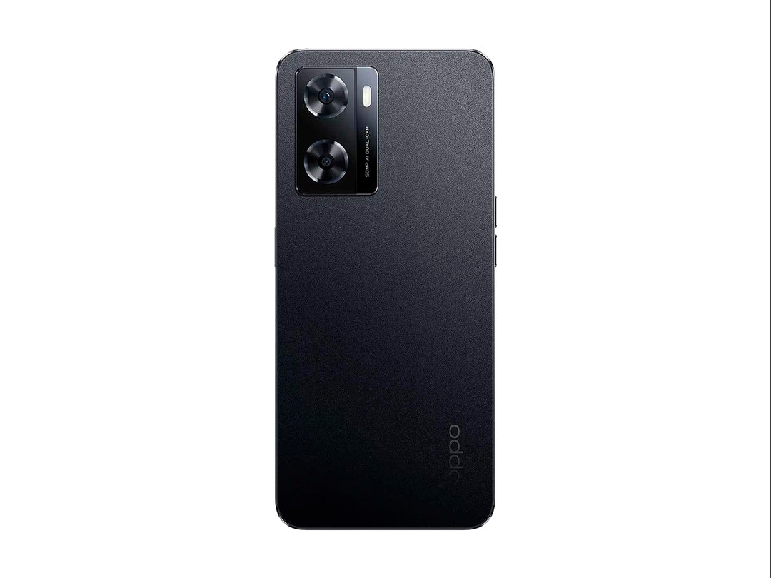 Smartphone OPPO A77 color negro, vista frontal y posterior sobre fondo blanco.