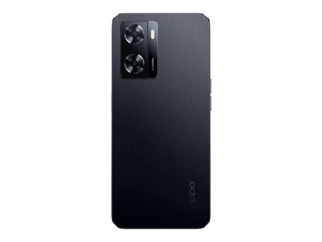 Teléfono inteligente OPPO A57 en color negro, vista frontal y trasera sobre fondo blanco.