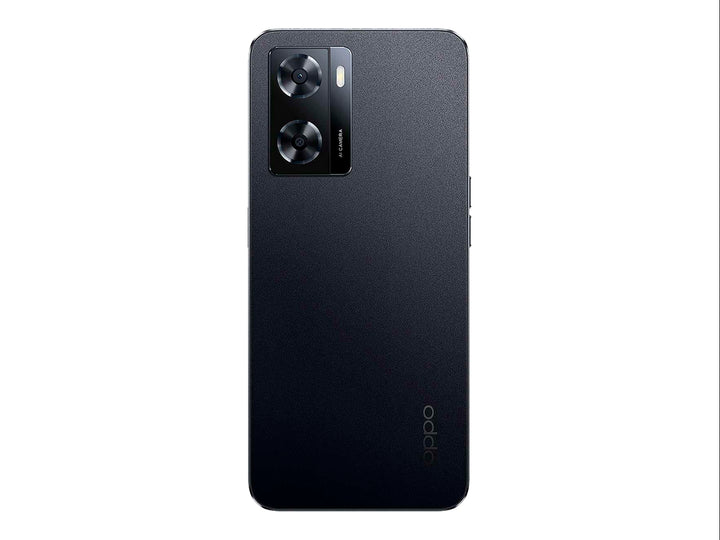 Teléfono inteligente OPPO A57 en color negro, vista frontal y trasera sobre fondo blanco.