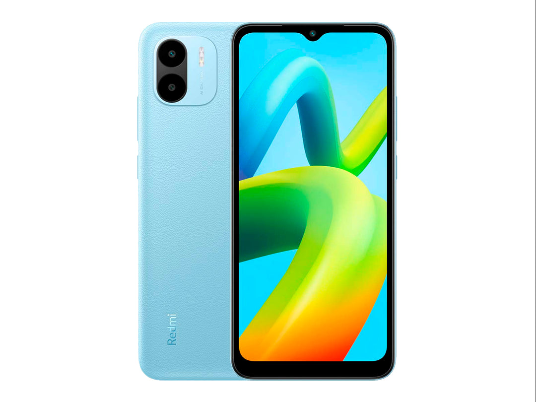 Teléfono inteligente Xiaomi en color azul claro, vista frontal y trasera sobre fondo blanco.