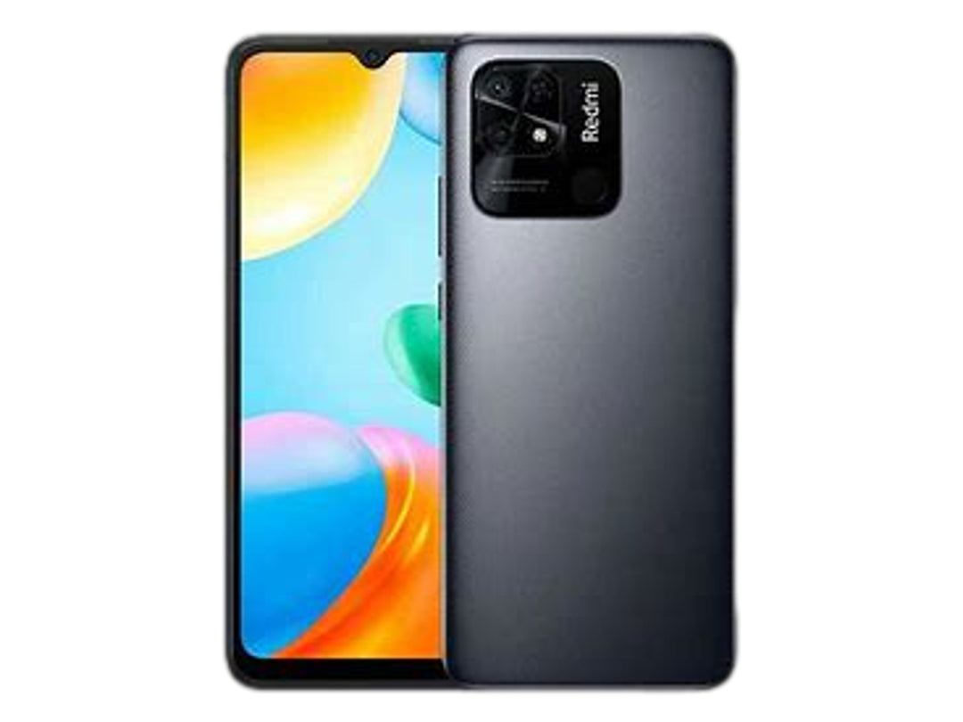 Smartphone Xiaomi de color gris con vista frontal y posterior sobre fondo blanco.