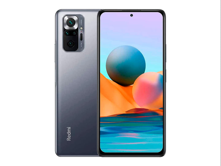 Teléfono inteligente Xiaomi Redmi Note 10 Pro en color gris, vista frontal y trasera.