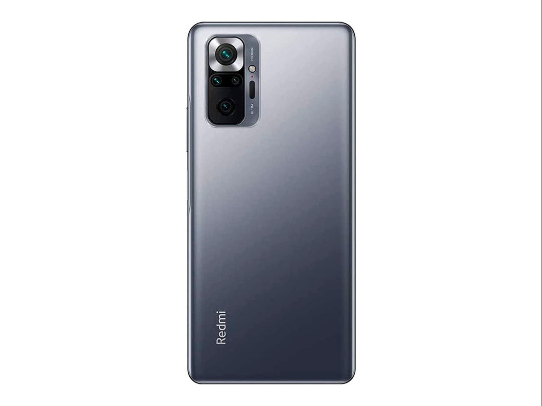 Teléfono inteligente Xiaomi Redmi Note 10 Pro en color gris, vista frontal y trasera.