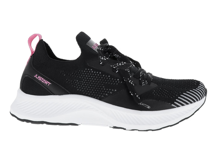 Tenis deportivos Justart en color negro con suela blanca y detalle rosa en la lengüeta.