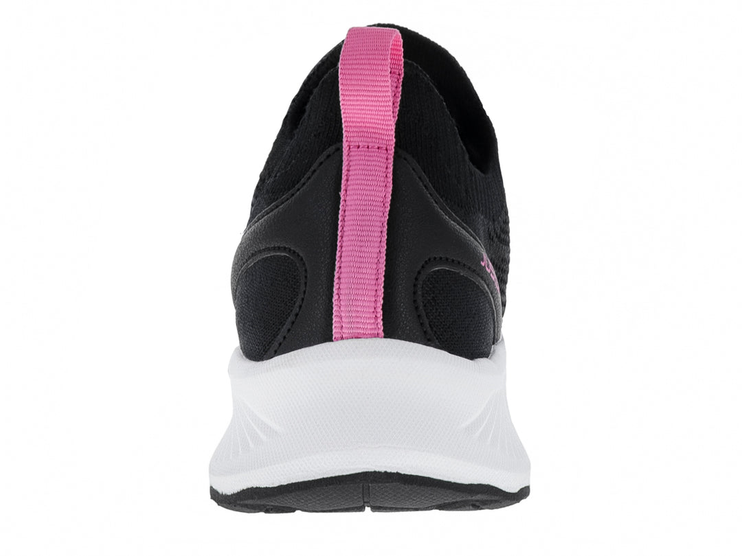 Tenis deportivos Justart en color negro con suela blanca y detalle rosa en la lengüeta.
