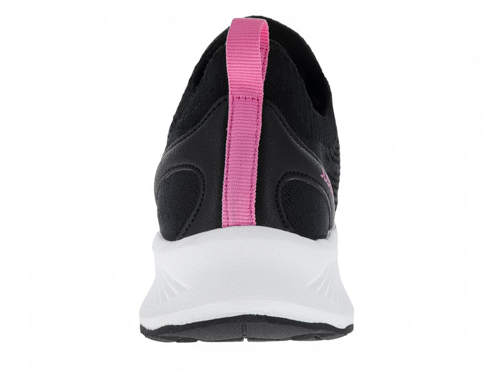 Tenis deportivos Justart en color negro con suela blanca y detalle rosa en la lengüeta.