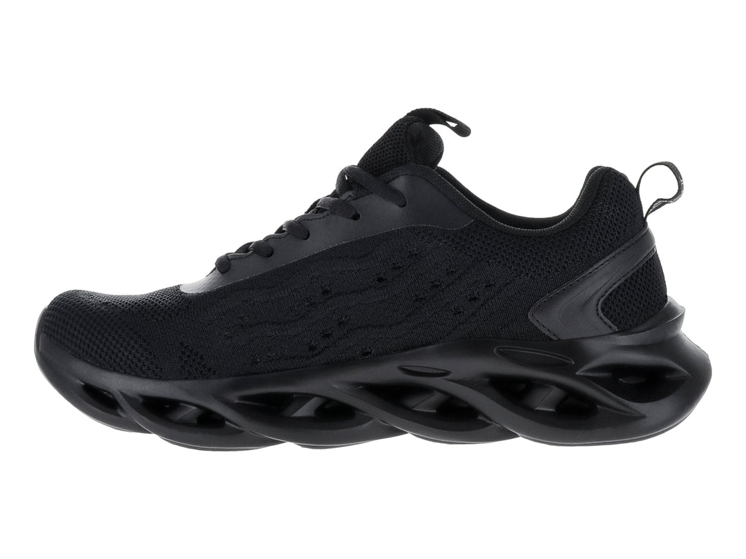 Tenis de baloncesto JUSTART color negro con suela ondulada y diseño futurista.