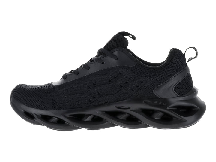 Tenis de baloncesto JUSTART color negro con suela ondulada y diseño futurista.