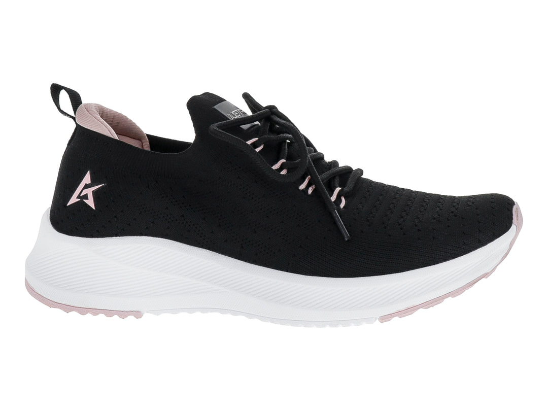 Tenis deportivos JUSTART color negro con suela blanca y detalles en rosa.