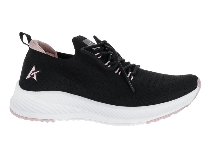 Tenis deportivos JUSTART color negro con suela blanca y detalles en rosa.