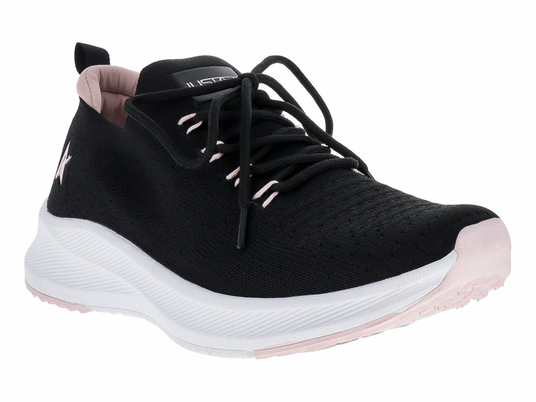 Tenis deportivos JUSTART color negro con suela blanca y detalles en rosa.