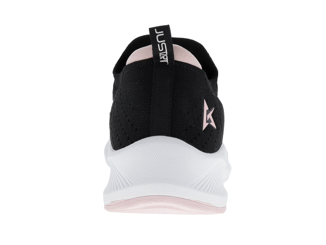 Tenis deportivos JUSTART color negro con suela blanca y detalles en rosa.