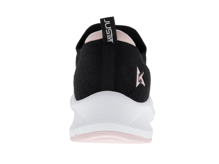 Tenis deportivos JUSTART color negro con suela blanca y detalles en rosa.