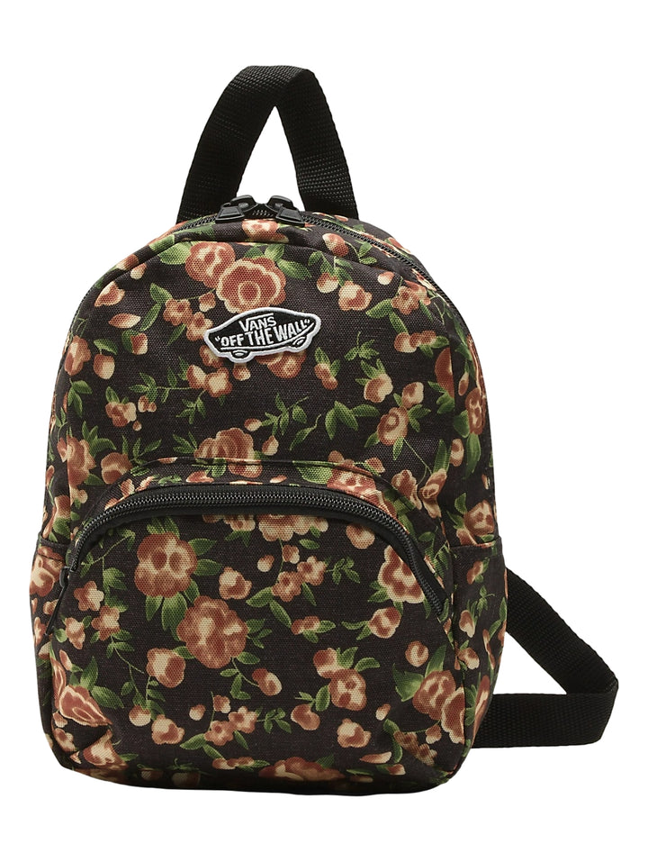 Mini mochila Vans de color negro con estampado floral en tonos marrón y verde.
