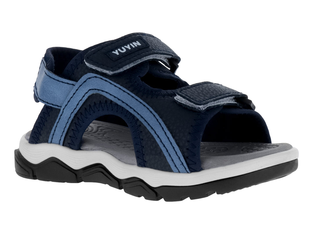 Sandalia deportiva para niño marca YUYIN en color azul marino con suela blanca y negra y cierres de velcro.