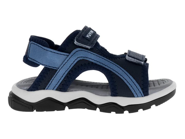 Sandalia deportiva para niño marca YUYIN en color azul marino con suela blanca y negra y cierres de velcro.