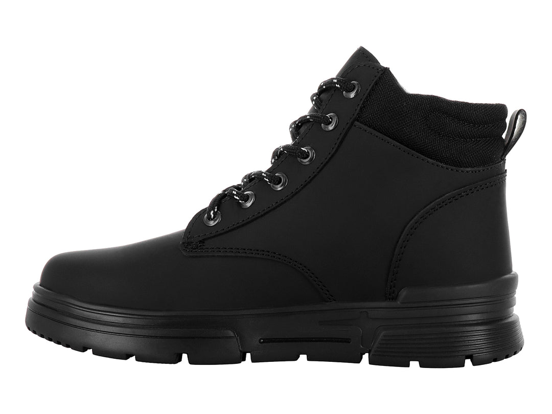 Bota negra de estilo casual con agujetas moteadas y suela gruesa.