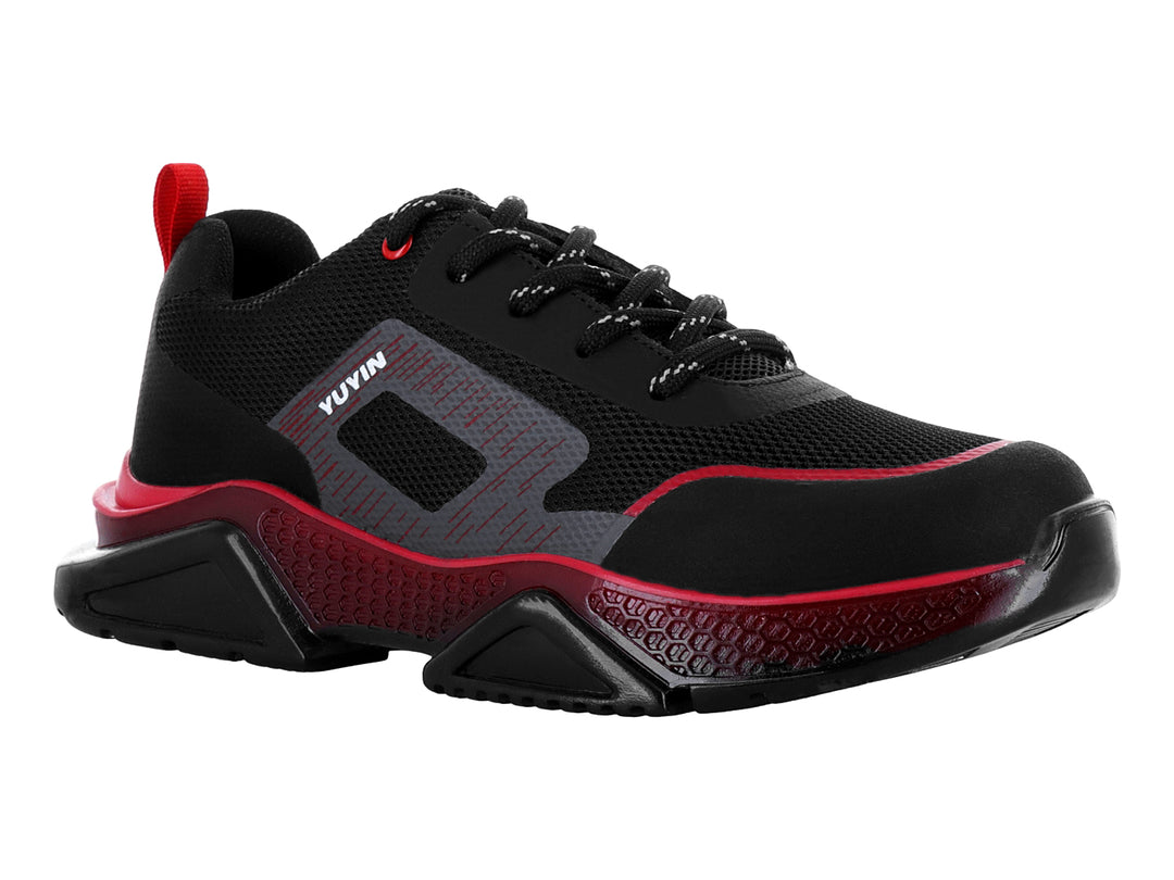 Tenis deportivos infantiles color negro con detalles en rojo y gris, marca YUYIN.