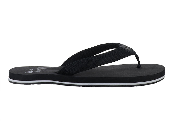 Sandalia negra tipo flip-flop con correa de tela y detalle blanco en la suela.