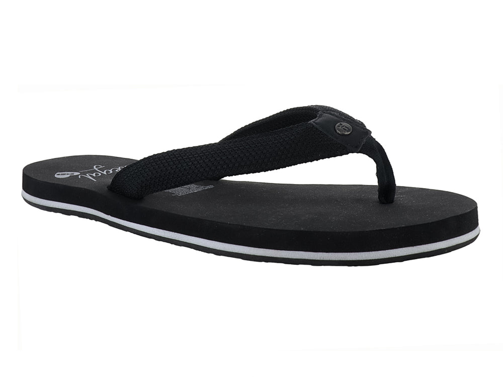 Sandalia negra tipo flip-flop con correa de tela y detalle blanco en la suela.