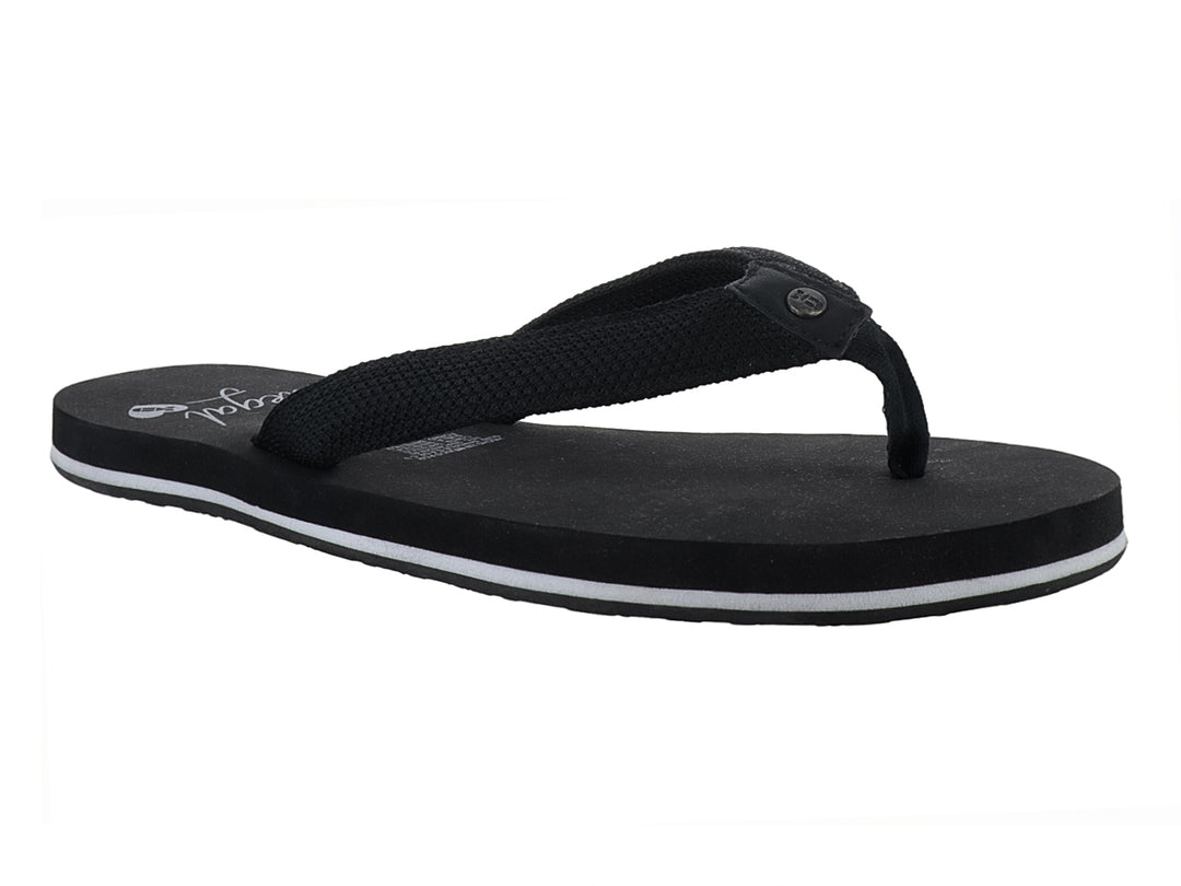 Sandalia negra tipo flip-flop con correa de tela y detalle blanco en la suela.