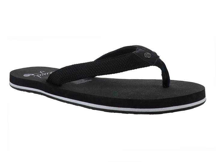 Sandalia negra tipo flip-flop con correa de tela y detalle blanco en la suela.