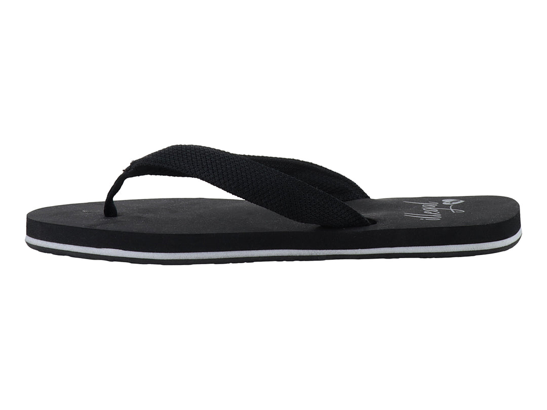 Sandalia negra tipo flip-flop con correa de tela y detalle blanco en la suela.