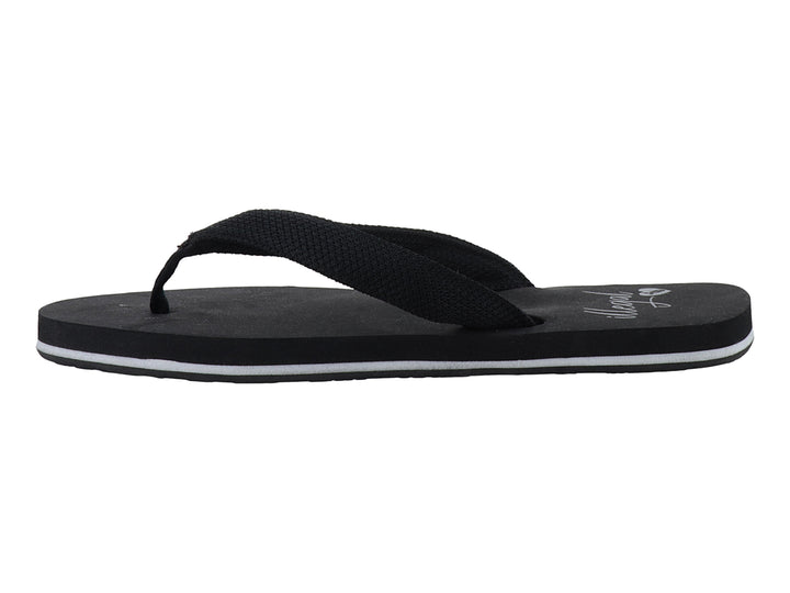 Sandalia negra tipo flip-flop con correa de tela y detalle blanco en la suela.