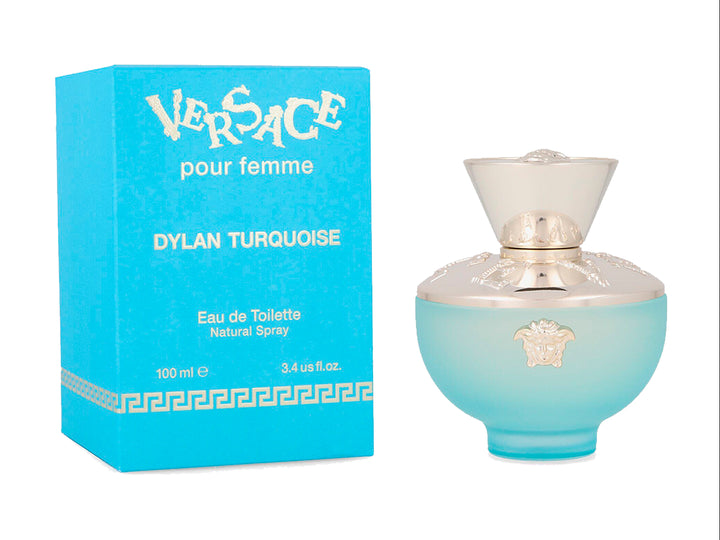Perfume Versace Dylan Turquoise para mujer en botella turquesa con detalles plateados y su caja original.