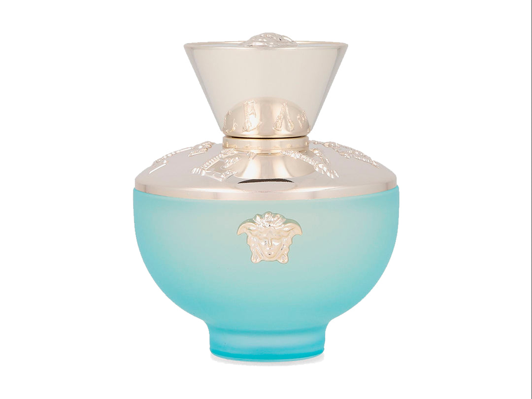 Perfume Versace Dylan Turquoise para mujer en botella turquesa con detalles plateados y su caja original.