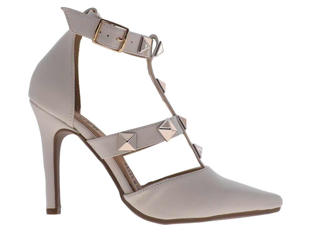 Zapato de tacón blanco para Mujer con tiras decoradas con tachuelas doradas y cierre en el tobillo.