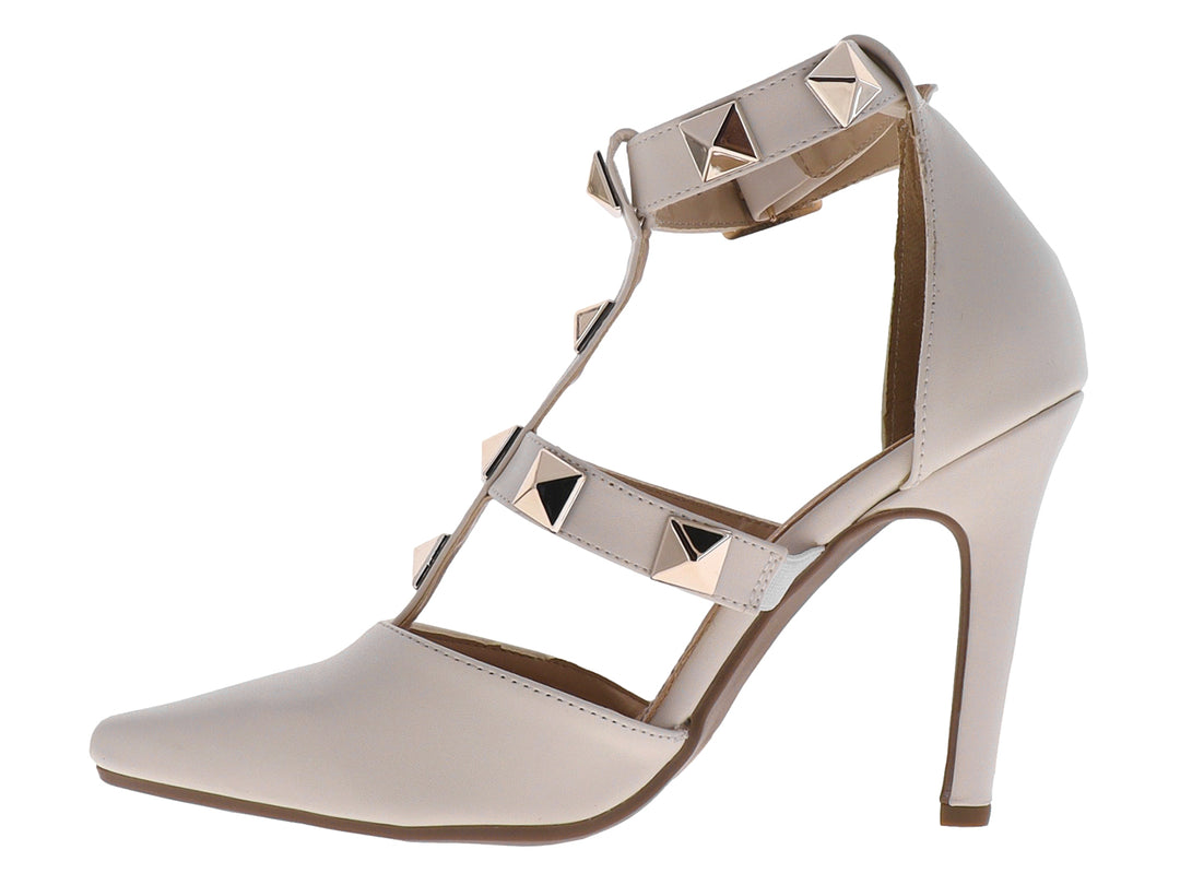 Zapato de tacón blanco para Mujer con tiras decoradas con tachuelas doradas y cierre en el tobillo.