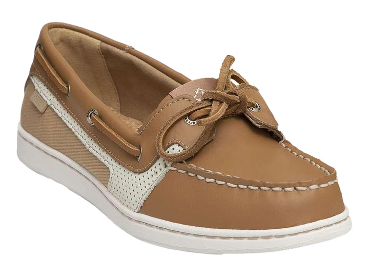 Zapato náutico Sperry de cuero color tan con detalles perforados blancos y suela blanca.