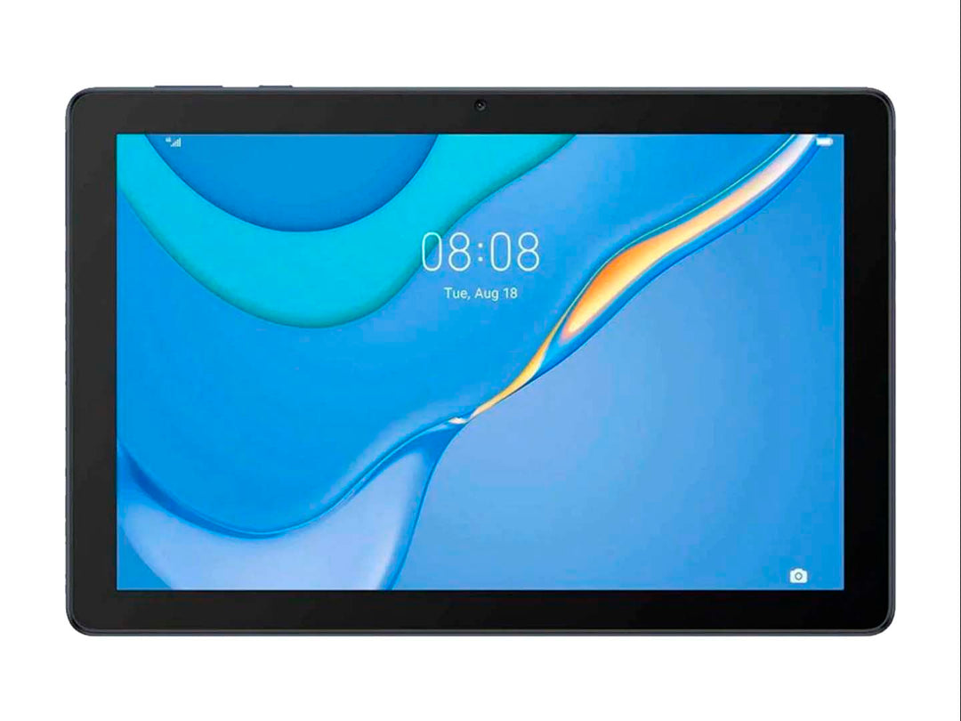 Tablet HUAWEI T10 de color azul con pantalla encendida mostrando la hora y fecha sobre un fondo blanco.