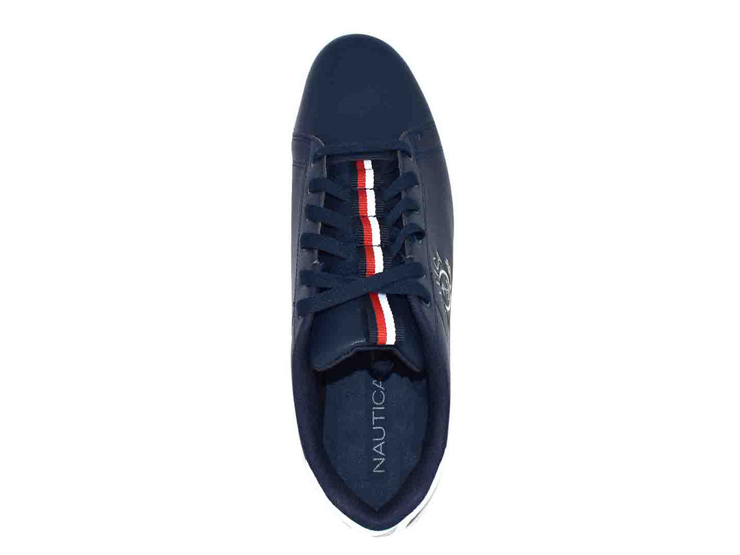 Tenis Nautica color azul marino con suela blanca y detalles blancos en el talón.