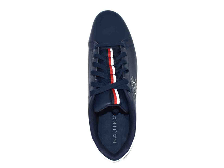 Tenis Nautica color azul marino con suela blanca y detalles blancos en el talón.