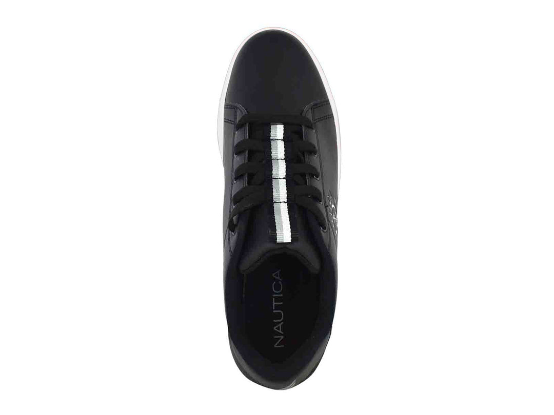 Tenis casuales Nautica color negro con suela y agujetas blancas.