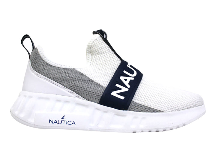 Tenis Nautica Fallon blancos y grises con correa azul marino y suela blanca.