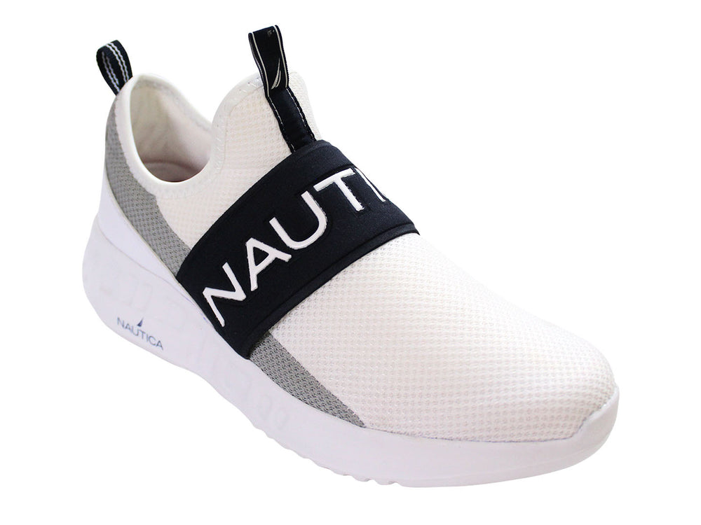 Tenis Nautica Fallon blancos y grises con correa azul marino y suela blanca.
