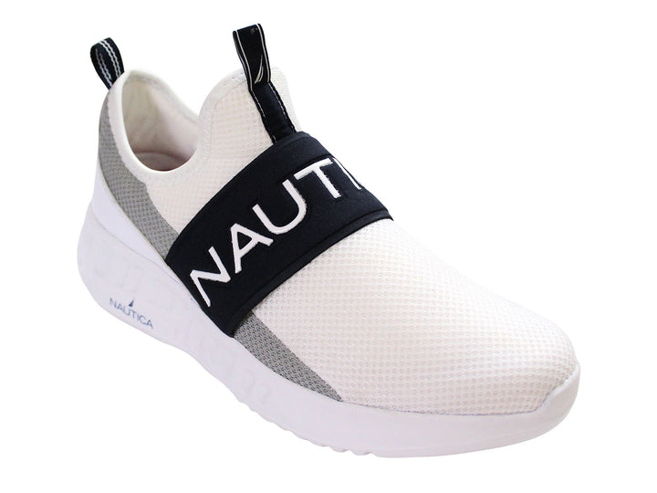 Tenis Nautica Fallon blancos y grises con correa azul marino y suela blanca.